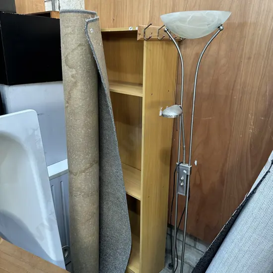 average carpet square, lamp and shelf