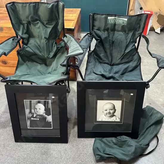 2 x folding chairs and framed photos