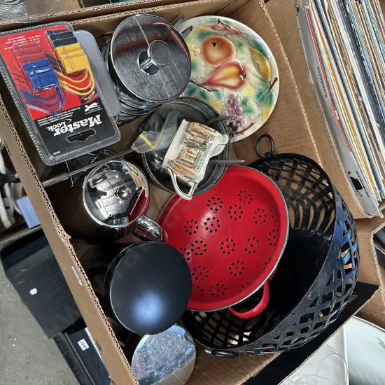 Box lot metal basket fruit bowl, enamelware colander, Royal Doulton etc.