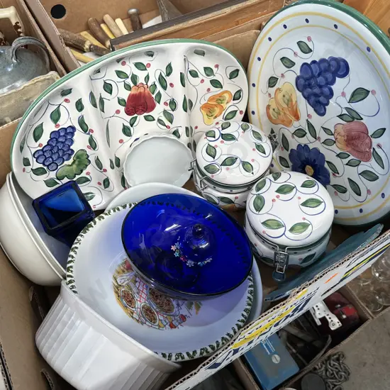 Box lot servers, canisters, blue glass etc.