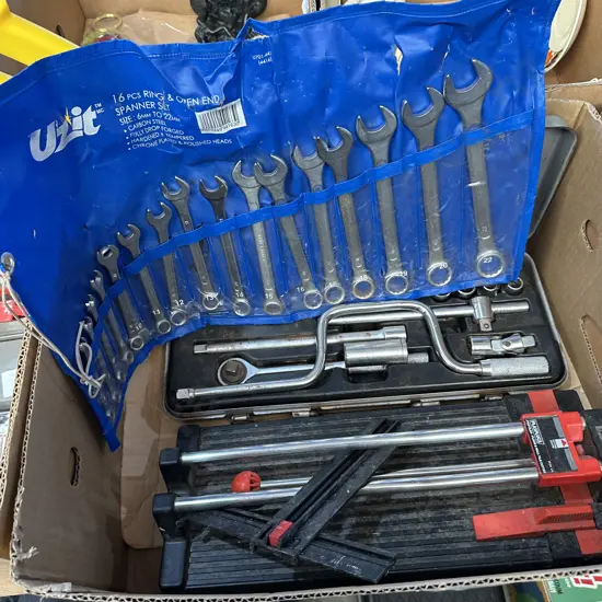 Box lot tile cutter, socket set and spanners etc.
