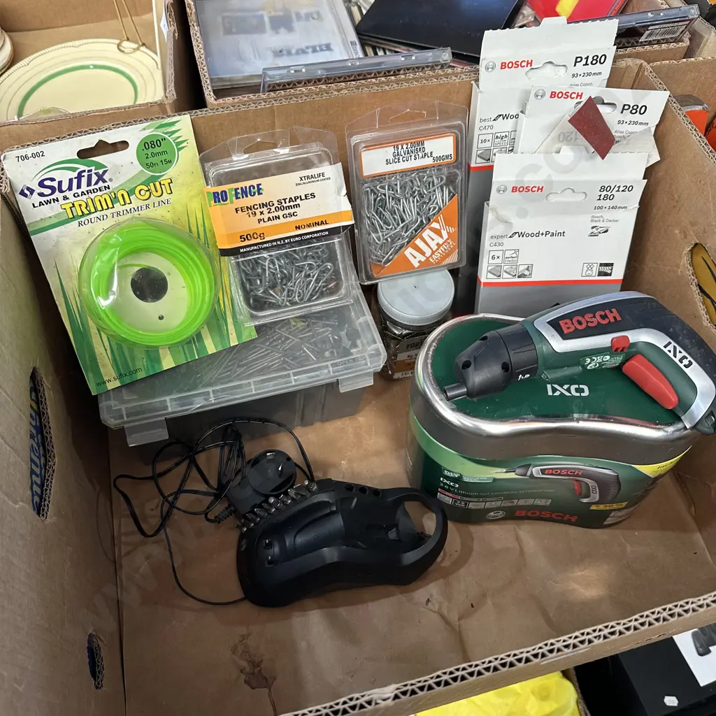 Box lot Bosch 3.6V Lithium cordless screwdriver, 75mm jolt head nails, screws, staples etc. Image 1++
