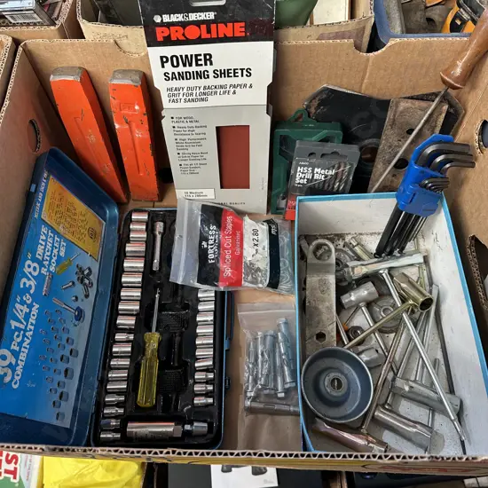 Box lot sockets, log splitters, drill bits, alan keys, dyna bolts etc.