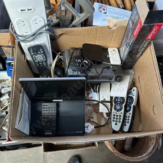 Box lot Sony portable DVD player, apple tv, extension leads etc.