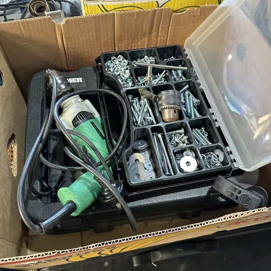 Hitachi power drill, bolts and nuts etc in a carry organiser.