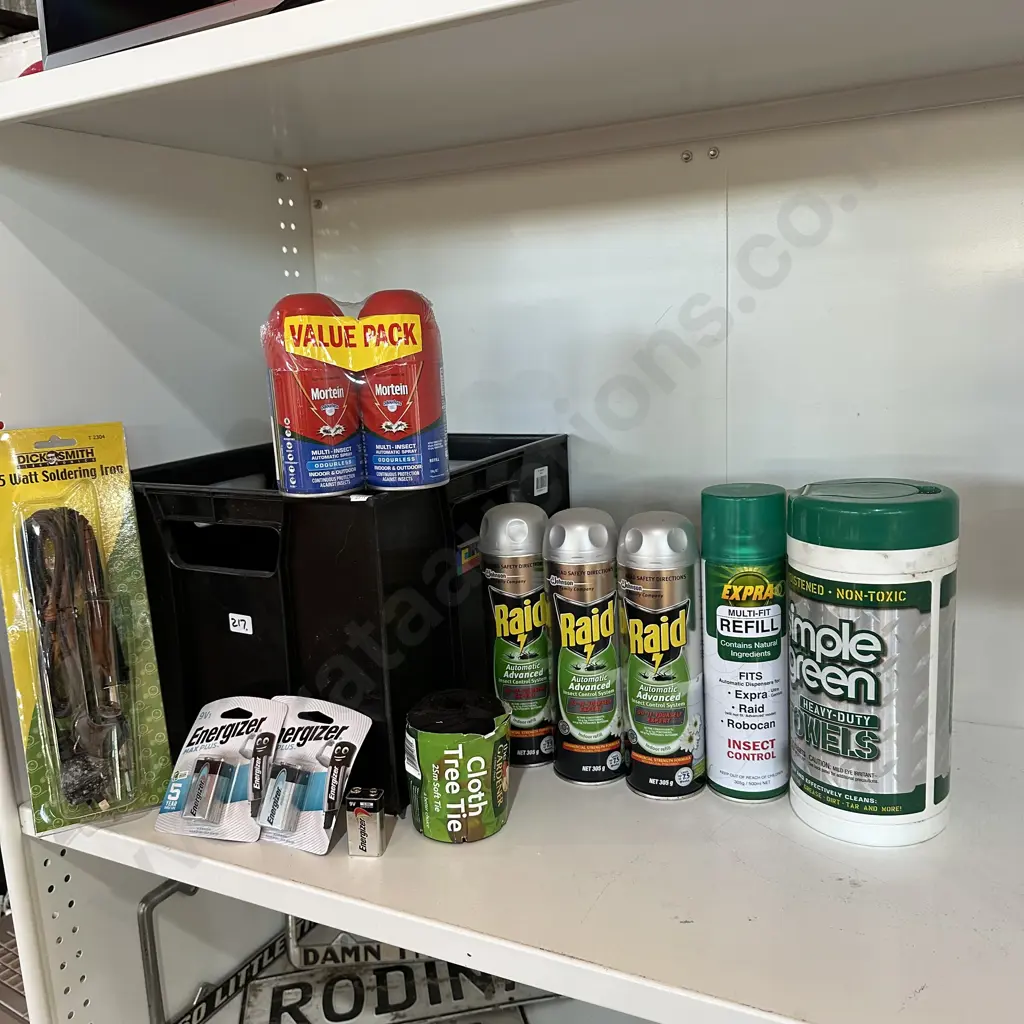 Bin and fly sprays, 9v batteries, tree tie cloth, heavy duty towels, new soldering iron. Image 1++