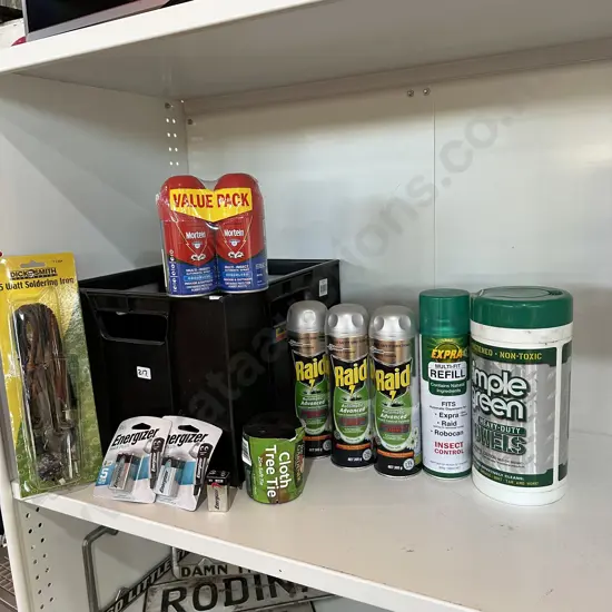 Bin and fly sprays, 9v batteries, tree tie cloth, heavy duty towels, new soldering iron.