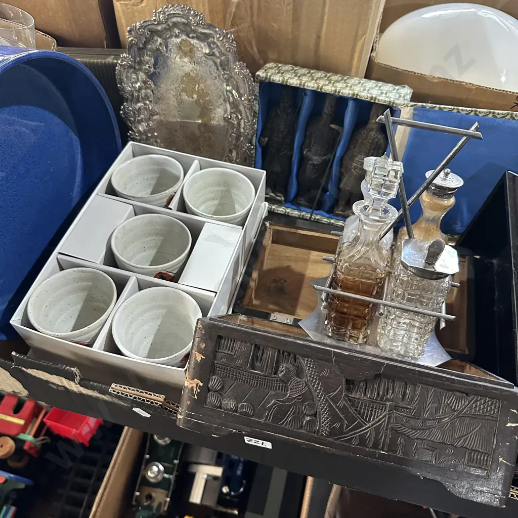 Box lot carved wooden box, pottery cups, silver plate tray, stoneware etc. Image 1++