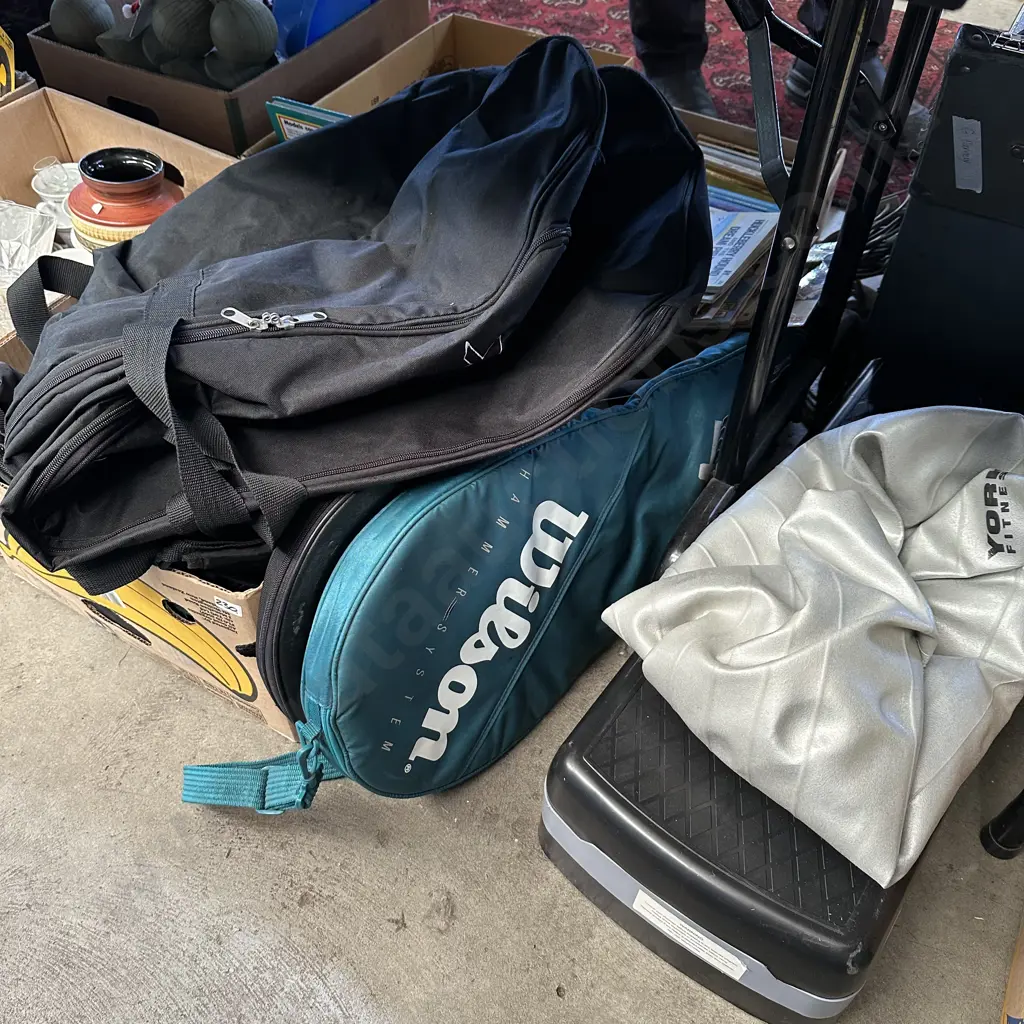 Box of bags including a guitar bag, exercise step and ball plus two rackets. Image 1++