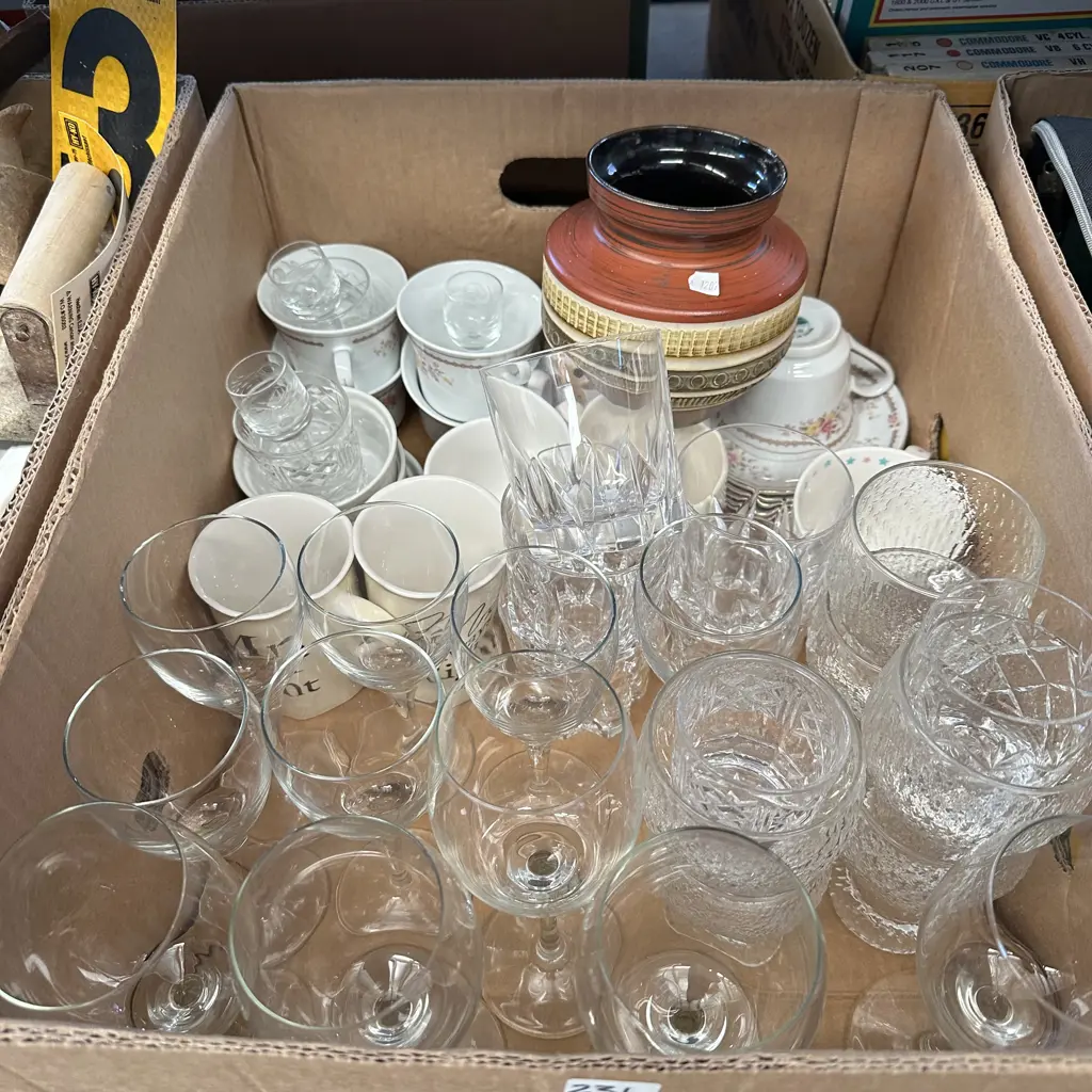 Box lot West German vase plus glasses cups and saucers. Image 1++
