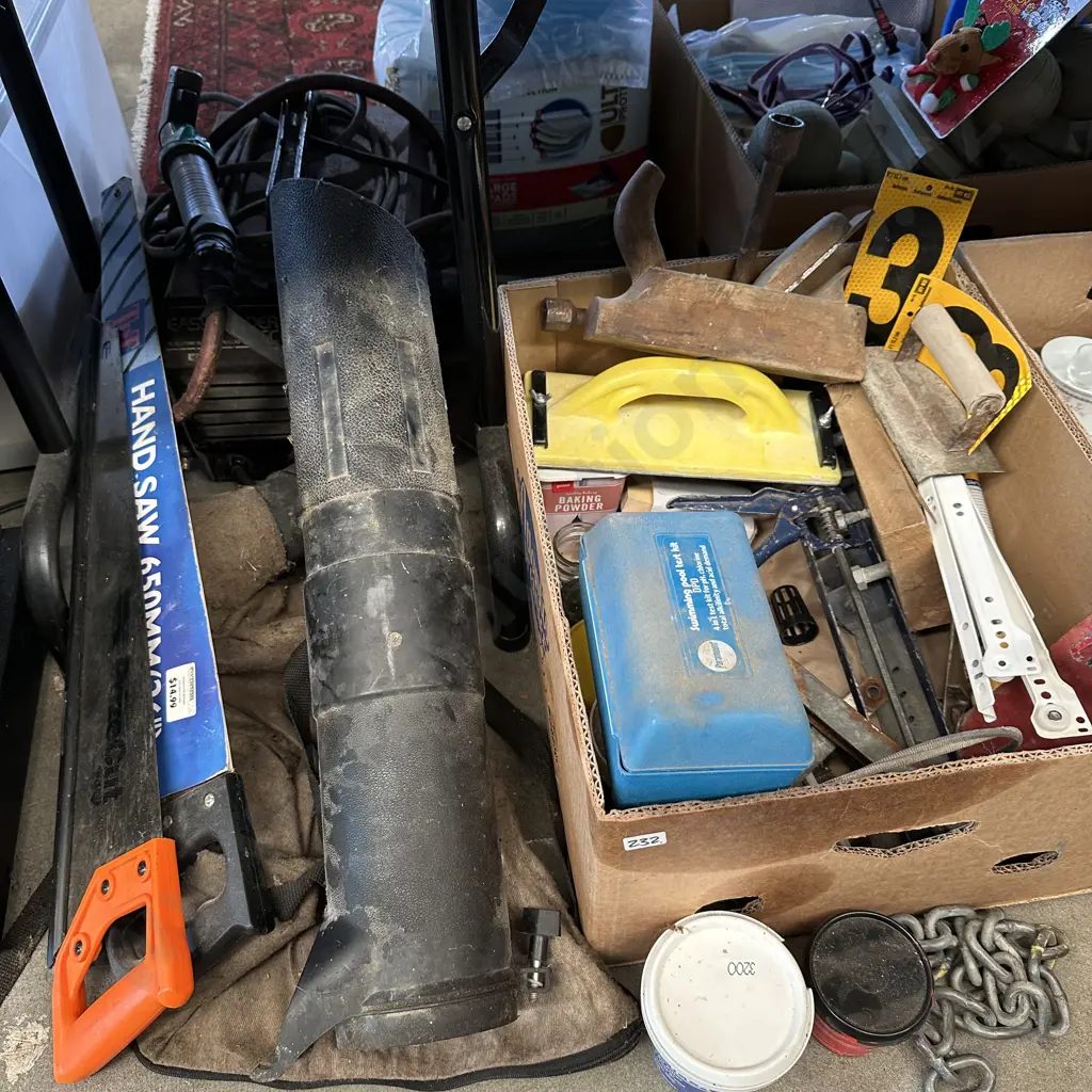 Box of tools and hardware including wooden plane and swimming pool test kit etc. Image 1++
