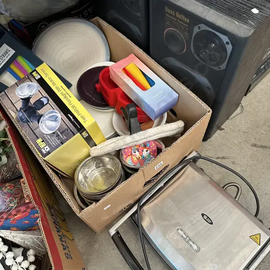 Box lot plates and cat dishes, new security light, Zip sandwich press etc.