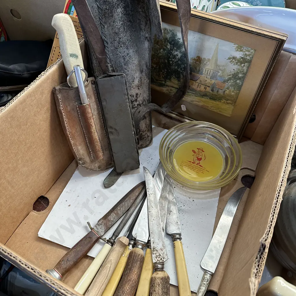 Knives and leather holders, signed painting, Creamoata advertising bowls etc. Image 1++
