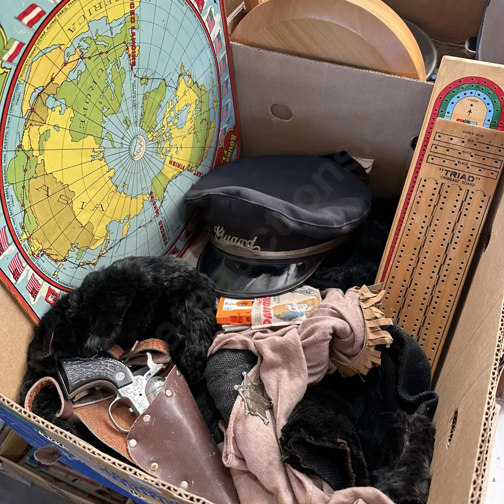 Box lot of collectables including metal game and crib boards. Image 1++
