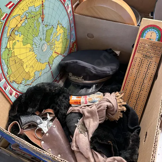 Box lot of collectables including metal game and crib boards.
