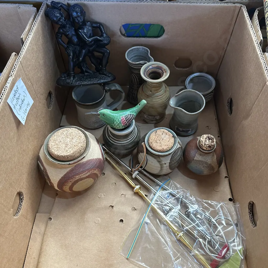 Box lot of collectable pottery including John Lawrence plus African musicians figure etc. Image 1++