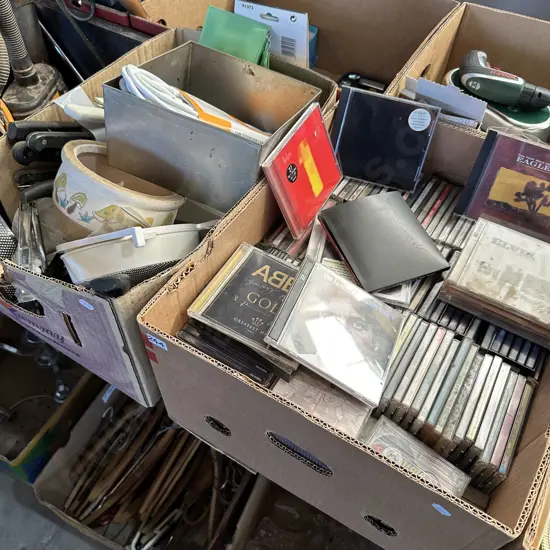 Two boxes, CDs including Metallica, Egals, Leonard Cohen, Peal Jam plus housewares etc.