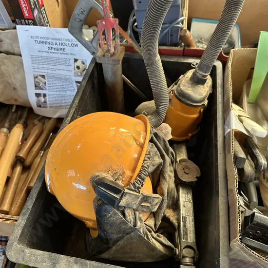 Bin, Triton powered respirator, hacksaw and jack plus tiny garden fork.