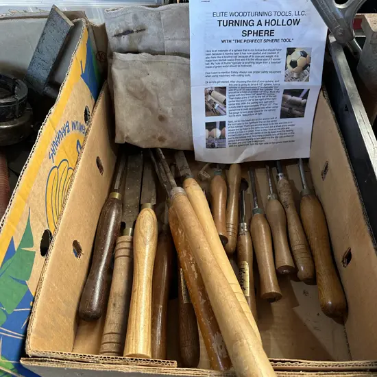 Box lot wood turning chisels.