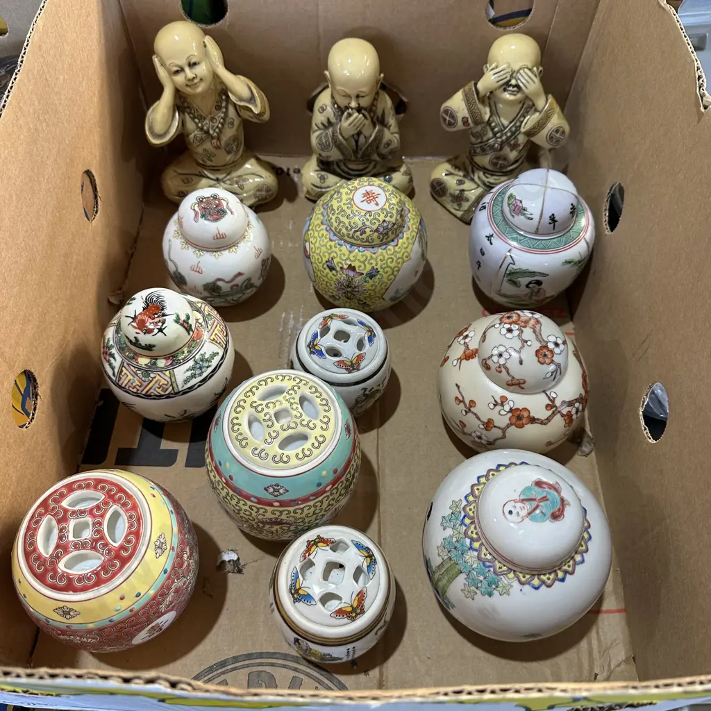 Box lot three buddha (one damaged) plus porcelain ginger jars. Image 1++