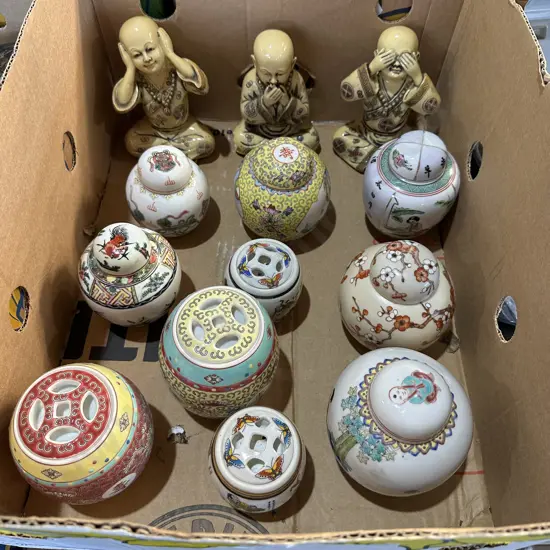Box lot three buddha (one damaged) plus porcelain ginger jars.