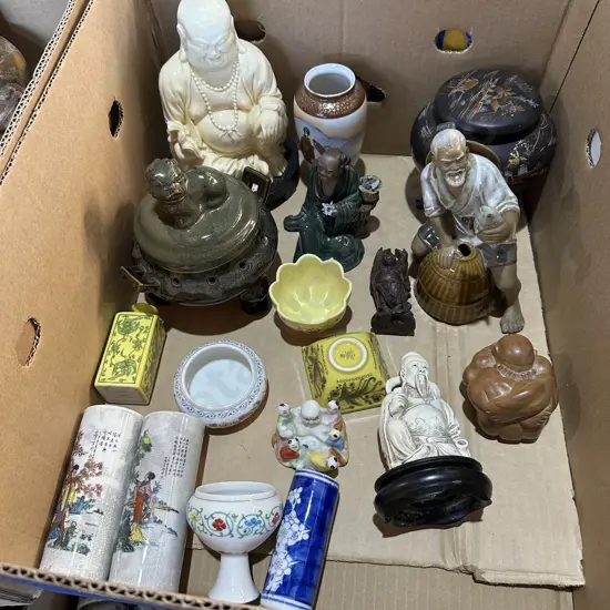 Box lot of collectable ornaments and buddha etc.