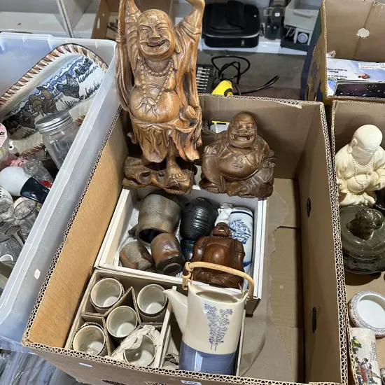 Box lot tea set, pottery, carved figures including buddha etc