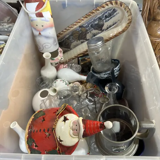 Bin of assorted vases etc.