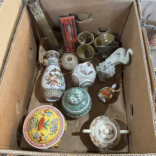 Box lot ginger jars, vases, pottery etc.