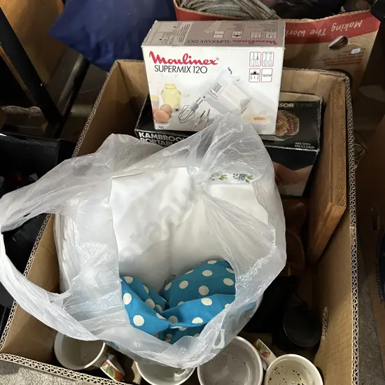 Box lot portable food processor, mixer, camera lens etc.