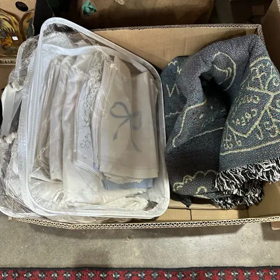 Box lot linen and throw.