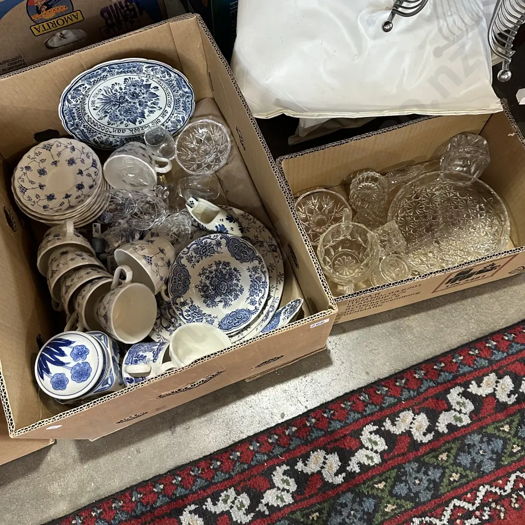 Two boxes blue and white china including "windsor" and Churchill plus crystal etc. Image 1++