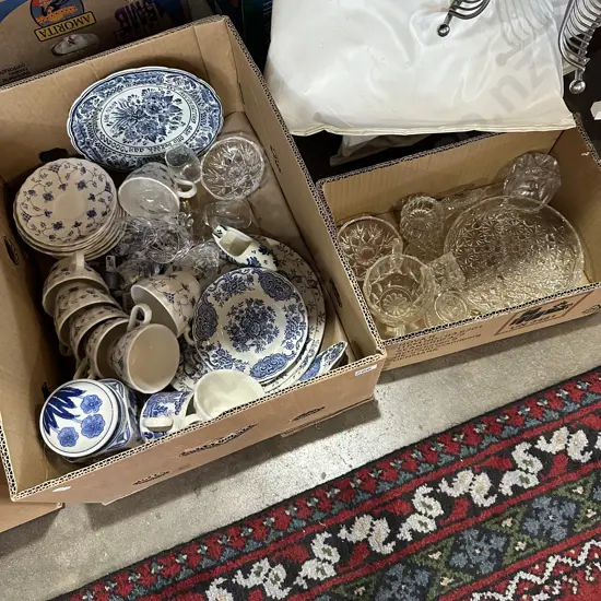 Two boxes blue and white china including "windsor" and Churchill plus crystal etc.