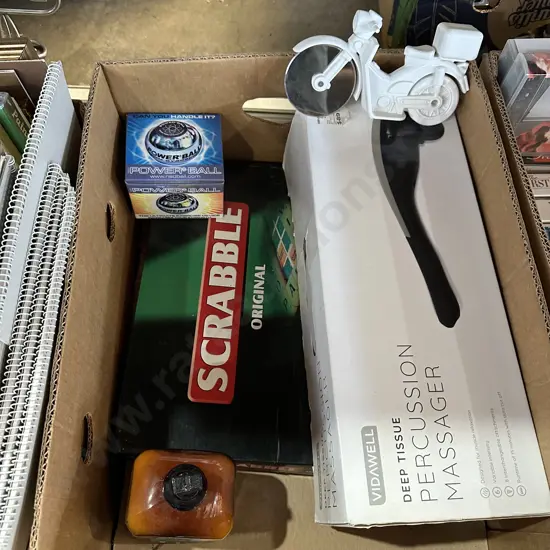 Box lot scrabble game, massager, aromatherapy bath salt and pizza cutter etc.