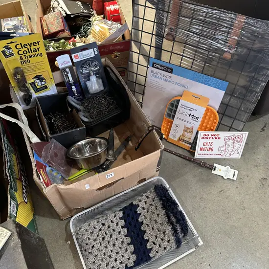 Box lot nails screws and staples etc, new memo board, cat and dog collars and LickiMat etc.