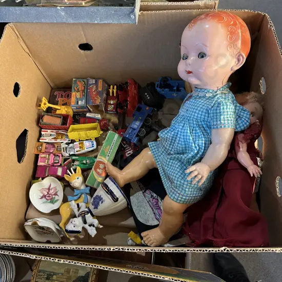 Box lot of Dinky and Matchbox toys (one boxed) harmonica and dolls etc.