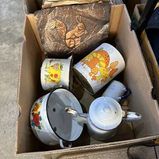 Box lot enamelware plus copper art.