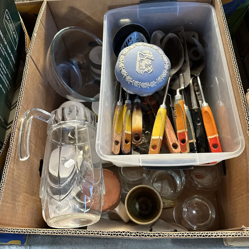 Box lot Wedgewood, vintage utensils, water jug etc. Image 1++