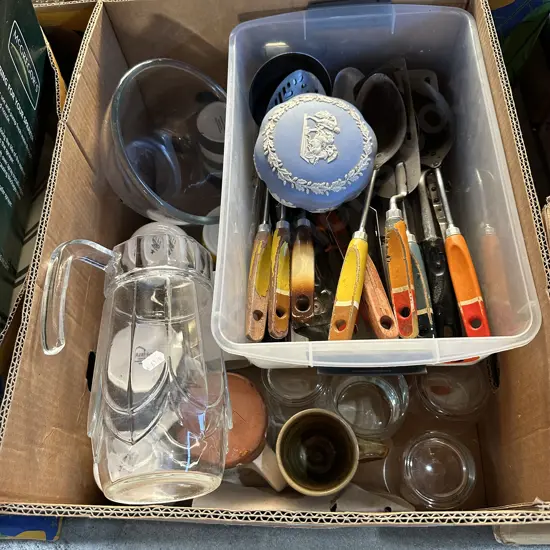 Box lot Wedgewood, vintage utensils, water jug etc.