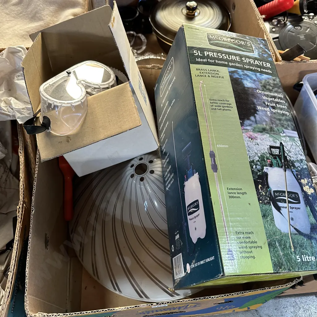 Box lot light shades, safety glasses plus unopened 5Litre sprayer etc. Image 1++