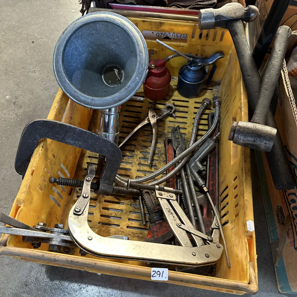Vege bin of old tools, oilers, clamps, hammers, bearing puller and filtered funnel etc. Image 1++