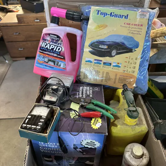 Box lot 12v vacuum, new car cover and moss remover, weed and feed plus secateurs etc.