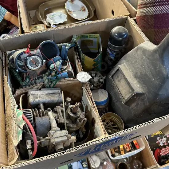 Box lot english motor, welding glasses and shield, bolts and nails etc.