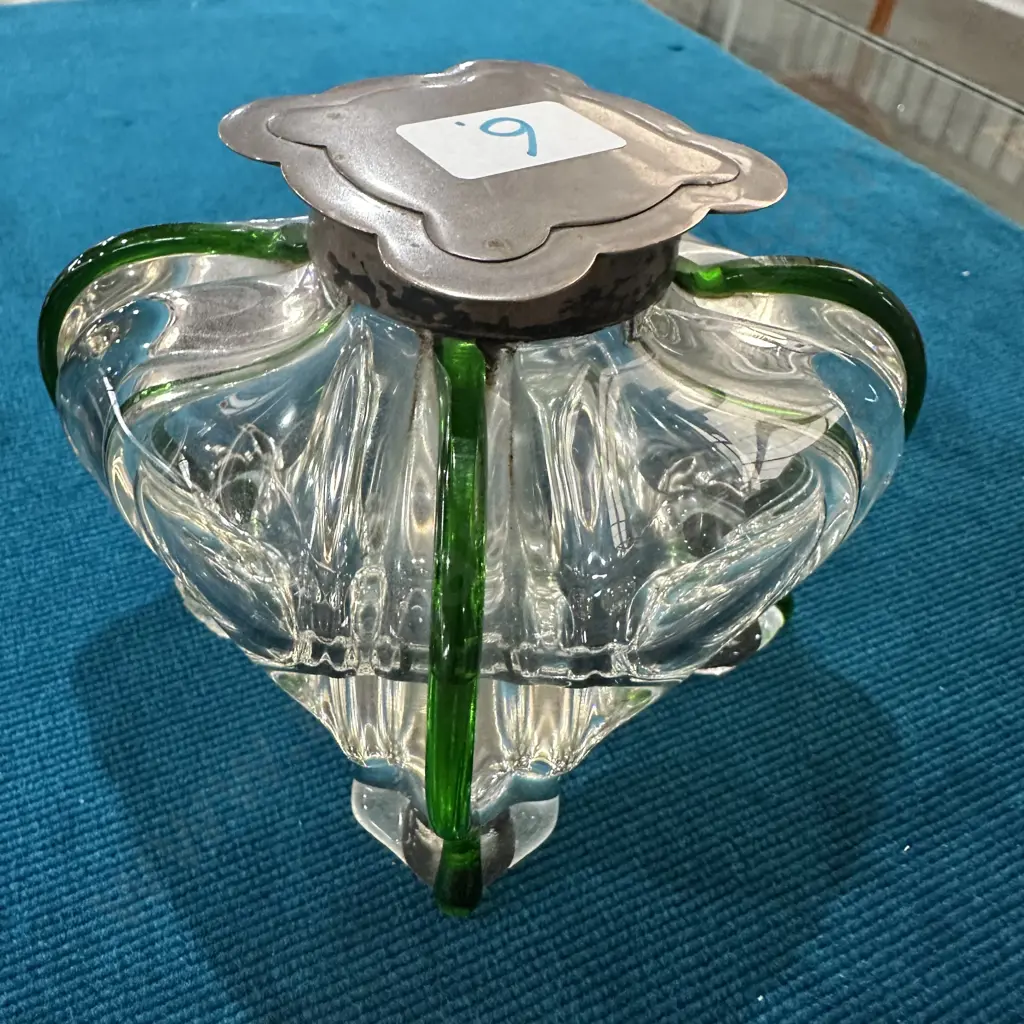 Art Nouveau large glass ink well with Sterling lid (some chips to 2 feet) Image 1++