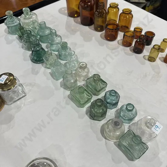 collection Green/Blue/clear glass ink wells & bottles