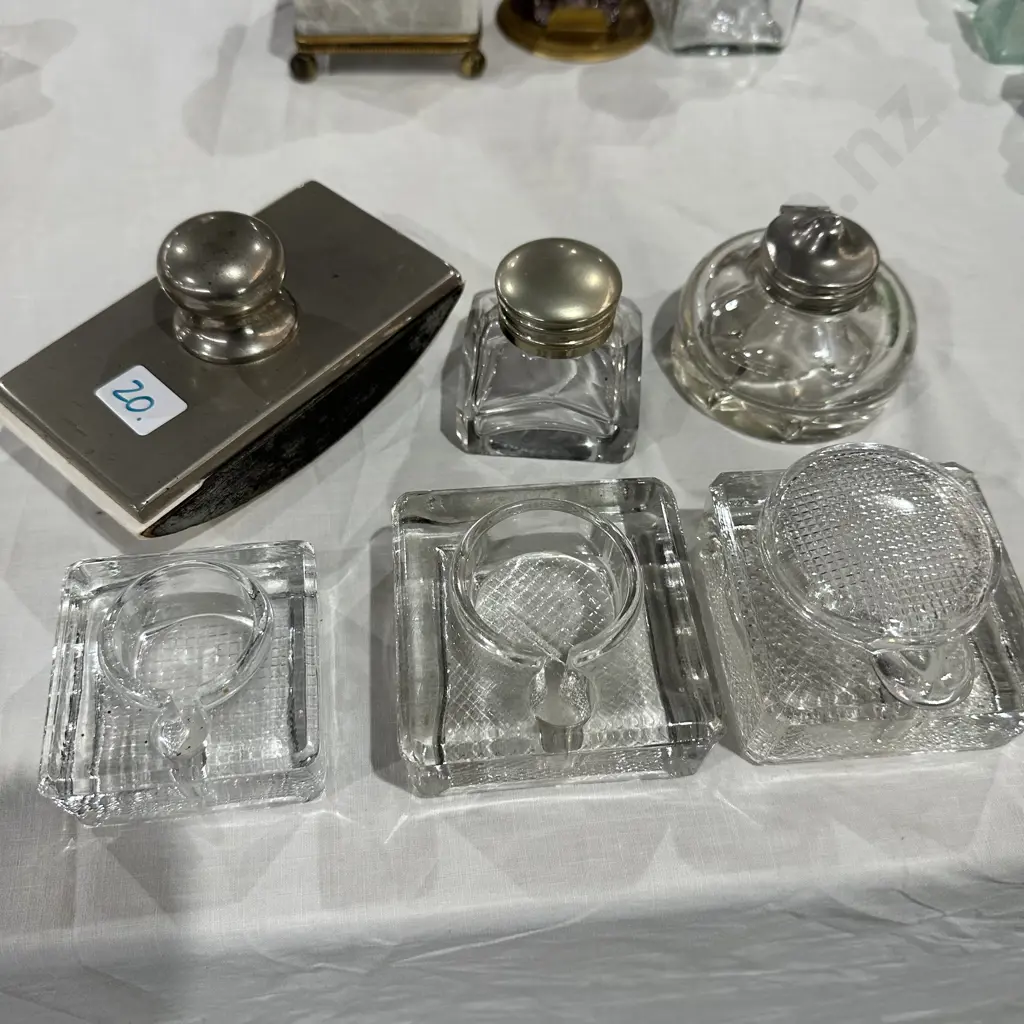 5 glass ink wells and rocker blotter Image 1++