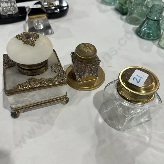 2 decorative & 1 glass ink wells