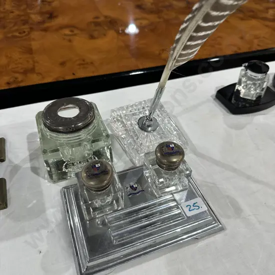 pen holder, Wellington 1942 inkwell stand & Sterling silver top inkwell