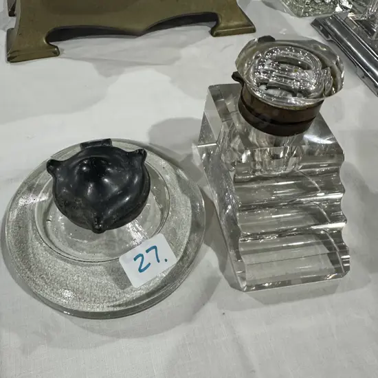 large glass inkwell stand & early inkwell