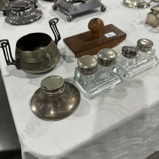 3 inkwells, rocker bloter, Art Nouveau sugar bowl